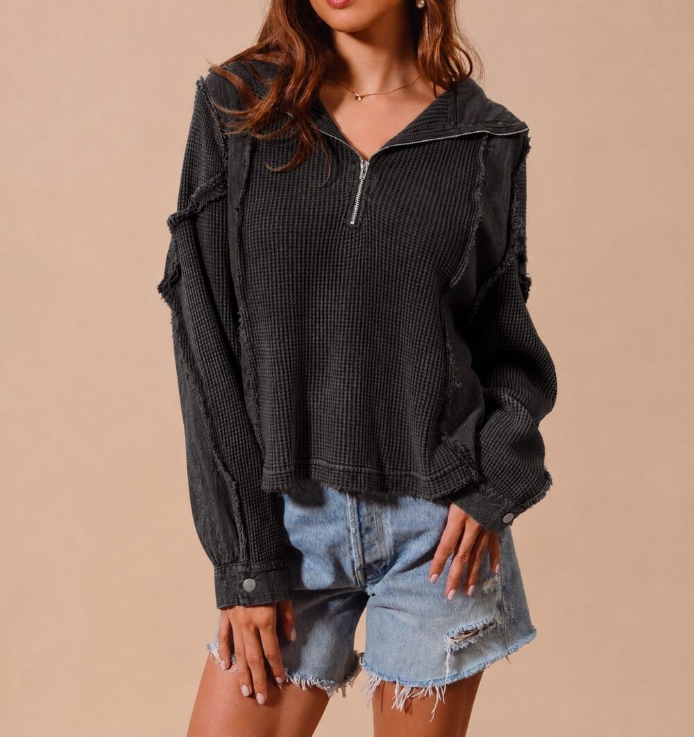 So Me Oversized S Mineral Wash Charcoal Waffle Raw Seam Half Zip Grunge Boho Top